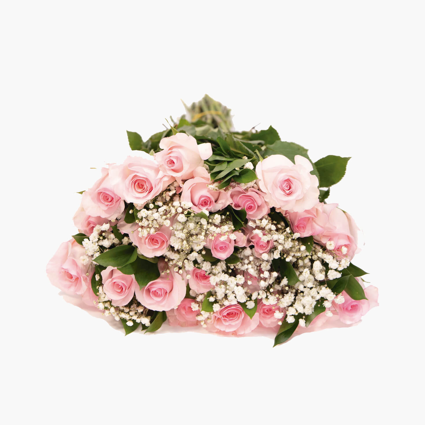 Bouquet with 24 Pink Roses, Baby's Breath and Greenery